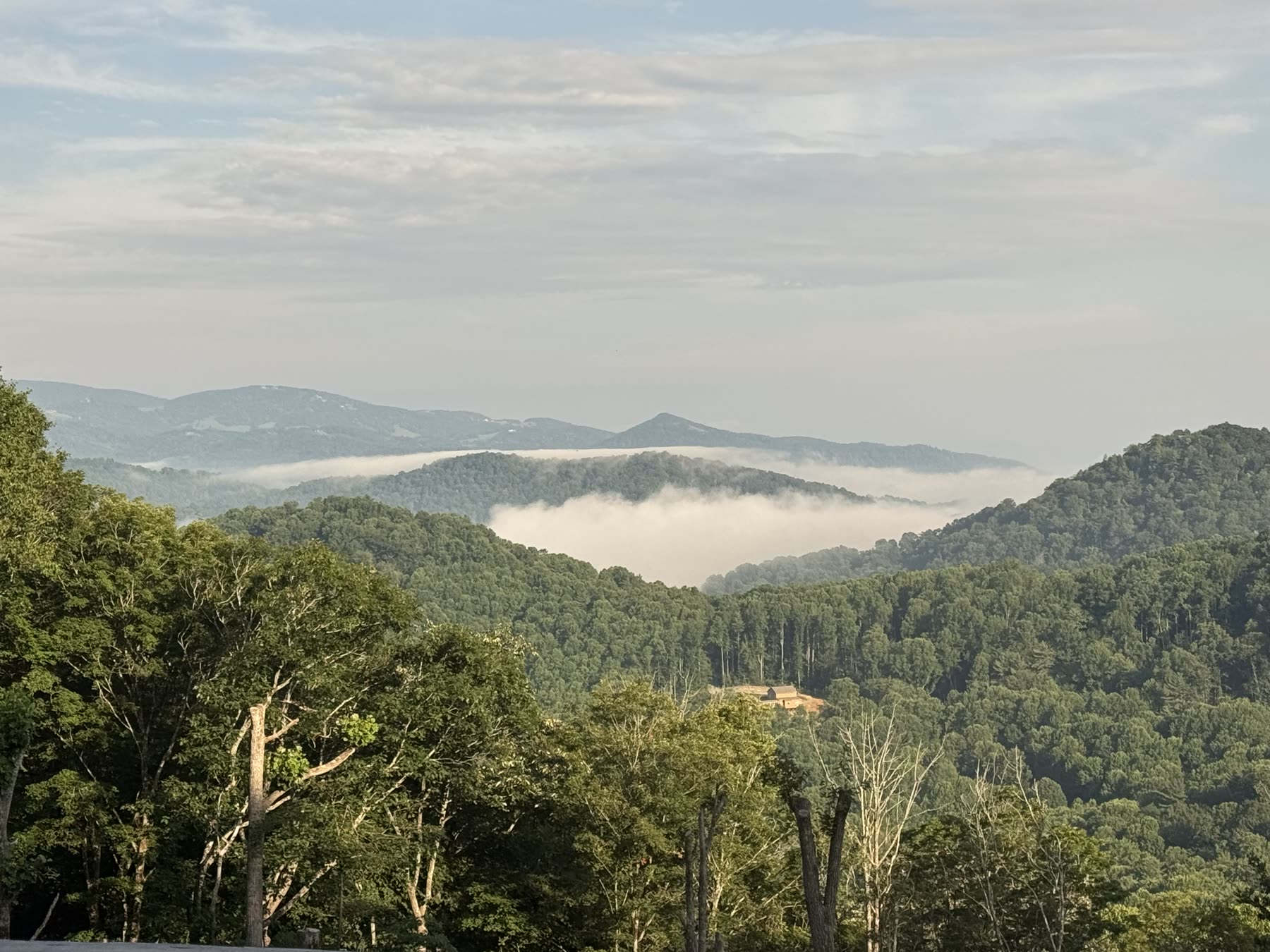 Layers of Blue Ridge Mountain ridgelines with morning fog filling the valley